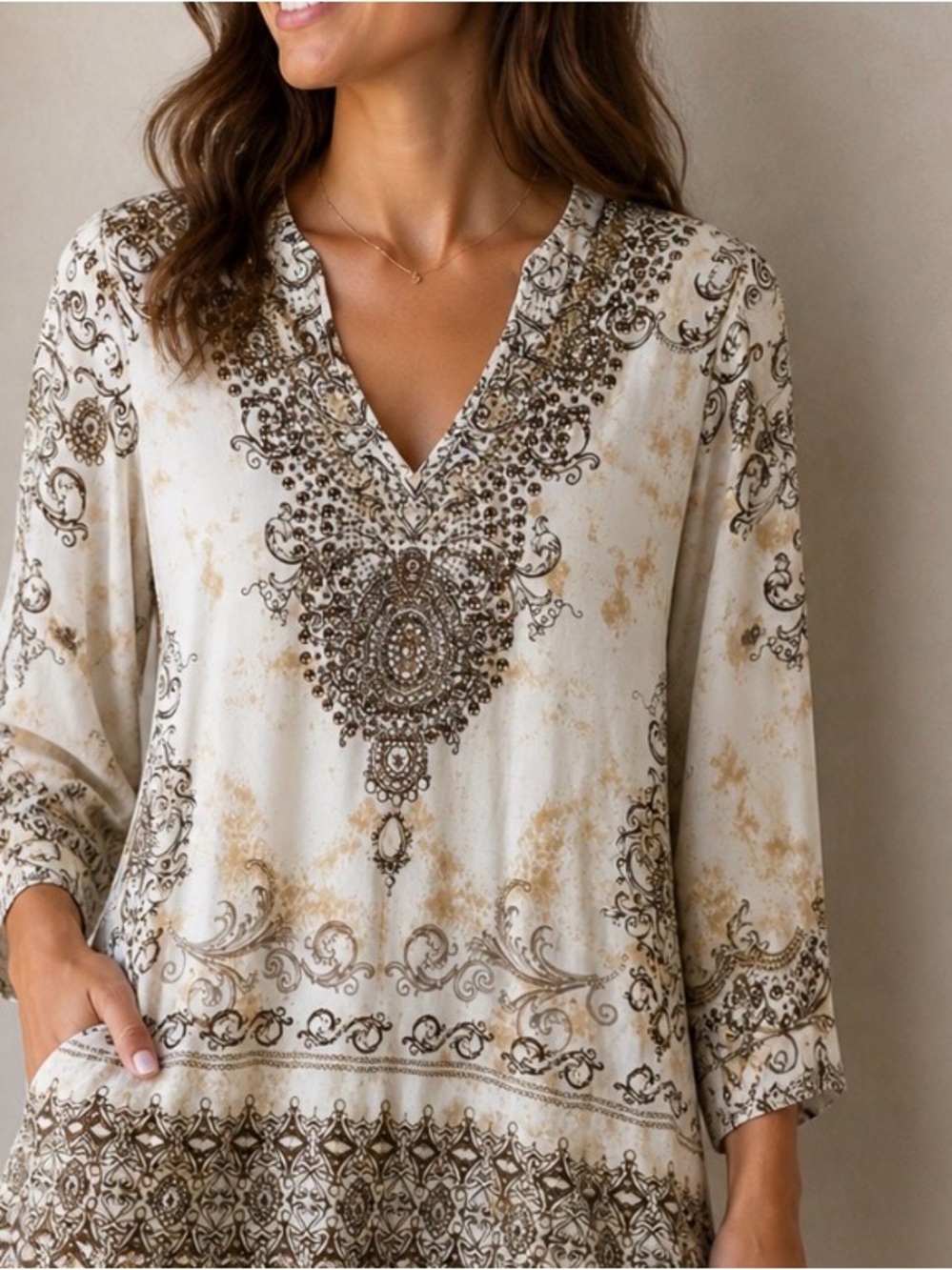 Christina Embellished Boho Tunic Top Beaded Neckline Cream Brown Women’s Size